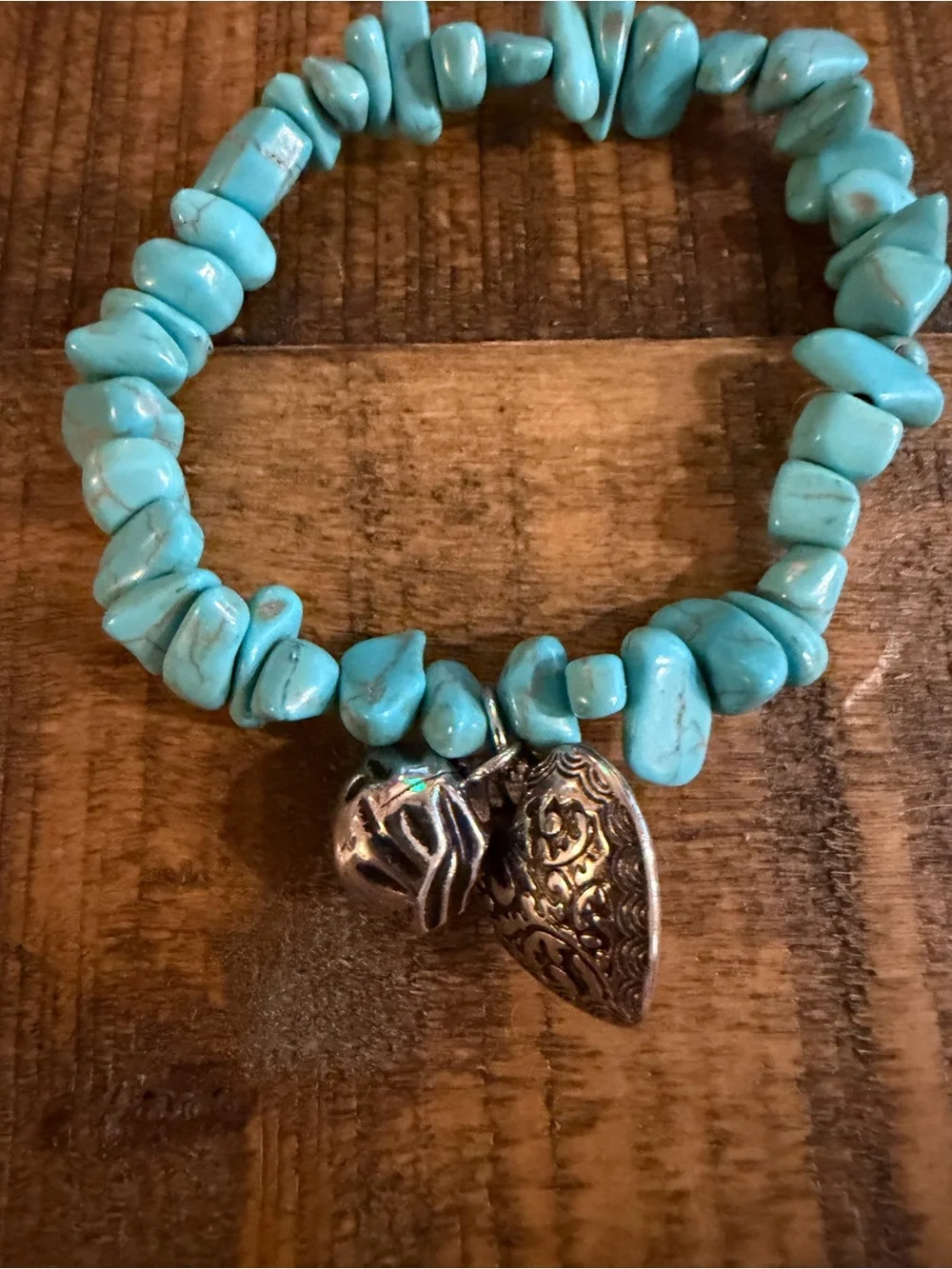 Paparazzi Turquoise Chip Stretch Bracelet with Silver Heart Charms